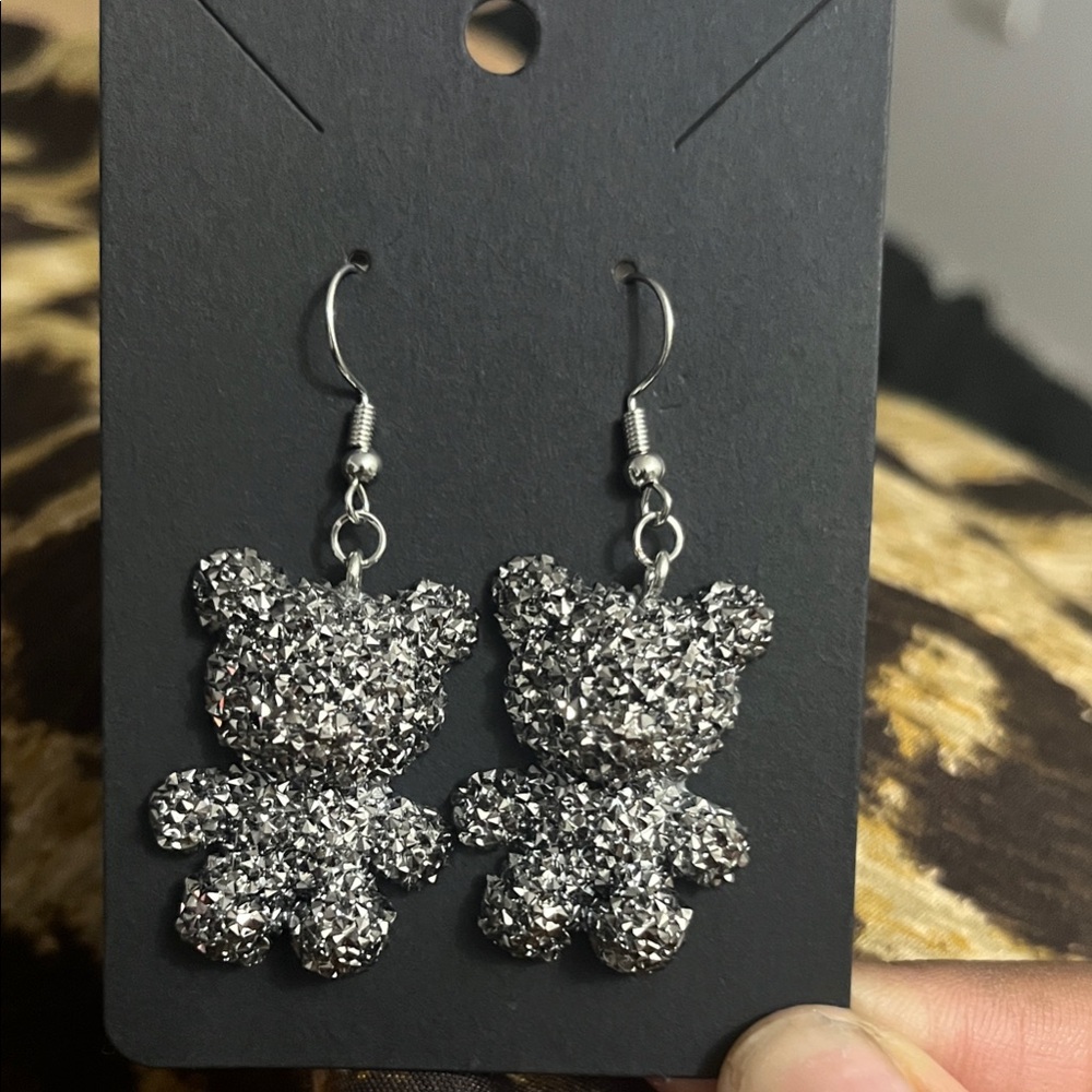 Sparkling Silver/Chrome Teddy Bear Earrings